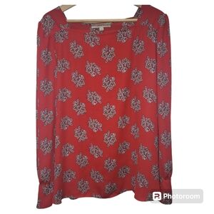 LOFT Plus Red Floral Long Sleeve Blouse Round Neck Chiffon Sz XL* 100% Polyester